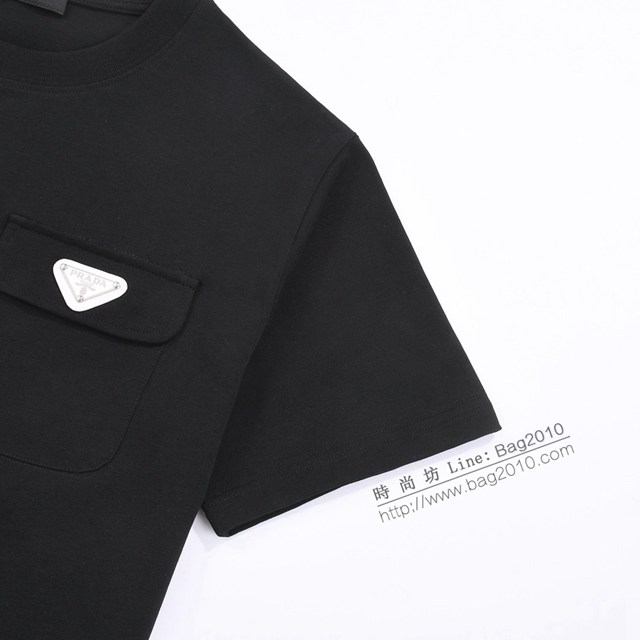 Prada專櫃普拉達2023SS新款刺繡三角標T恤 男女同款 tzy2819